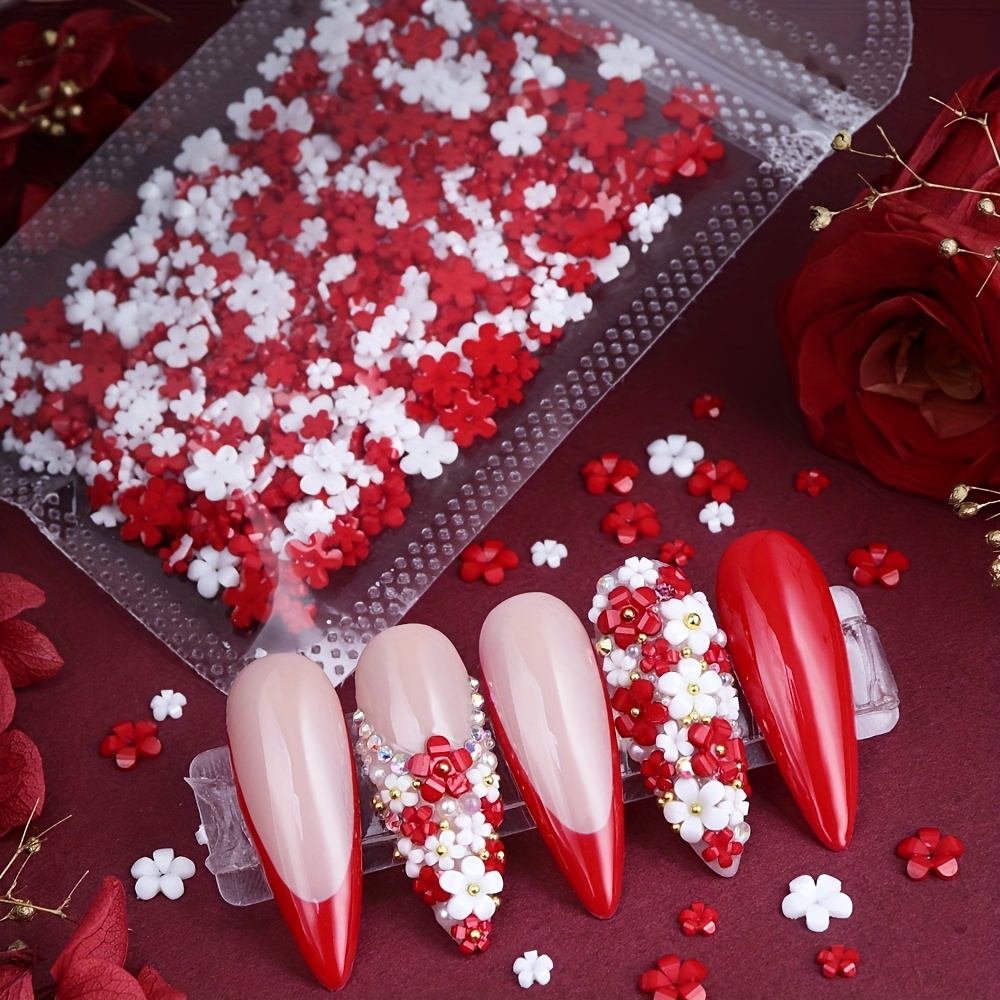 

[400pcs Valentine's Day Nail Art Decorations] 400pcs Valentine's Day Red & Nail Art Decorations, Mixed Size Acrylic Flower And Resin Charms, Unscented Nail Embellishments For Diy Manicure