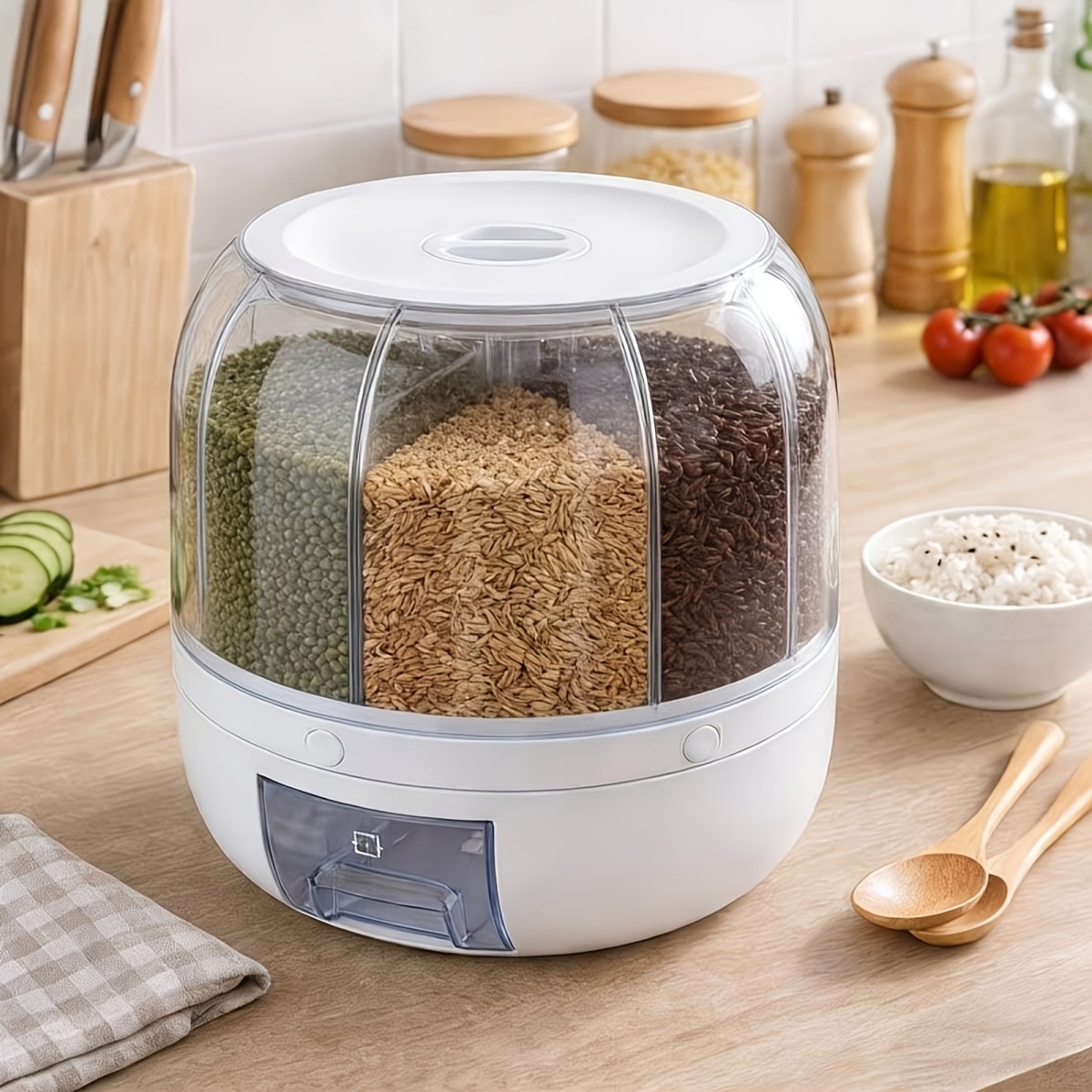 TEMU 1pc Large Rotating Grain Dispenser With 6-section Divided Storage Bin & One- Output System - Lid Suitable For Rice, Grains, Pet Food Organizer,
