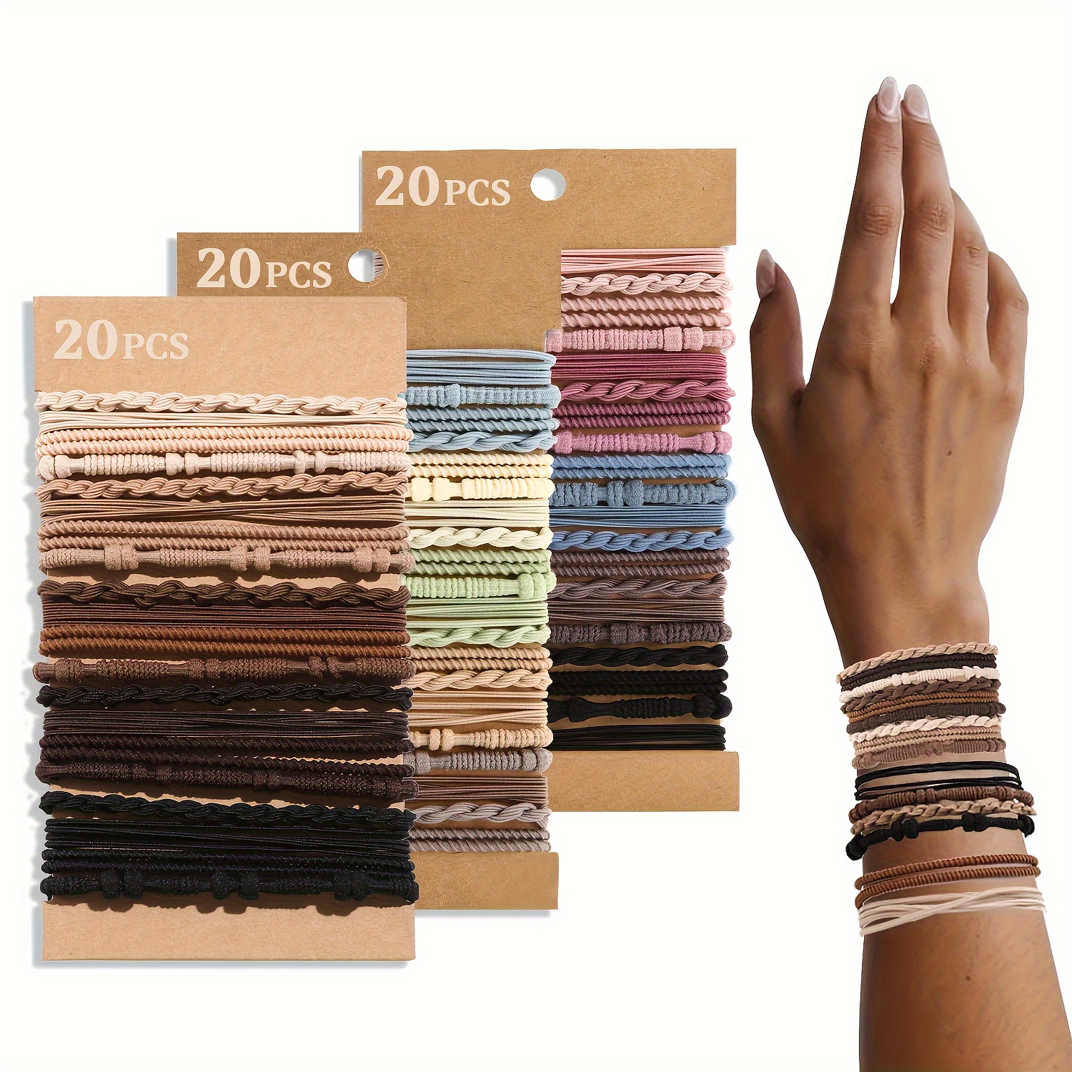 

Cherrytree Boho Chic 20pcs Hair Ties - Versatile Brown Bracelet Design For Thick Or Thin Hair, Ponytail Holders In 4 Styles