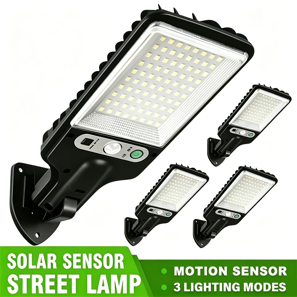 TEMU Juego de 4 farolas solares de exterior con sensor de movimiento, luz de pared solar de seguridad de 80 LED, 3 de iluminación, encendido/apagado
