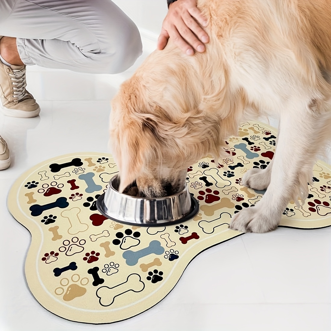 TEMU Non-slip Quick-dry Geometric Fishbone Paw Print Dog Feeding Mat - Durable Polyester Pet Food And Water Bowl Pad For Small To Medium Dogs,