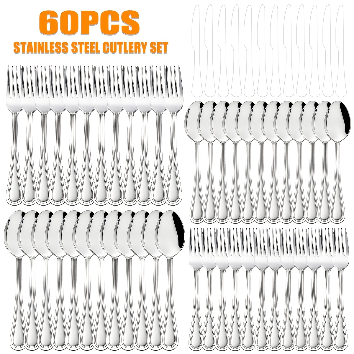 Image of /60pcs Of High-quality Stainless Steel Tableware Set, Suitable For 4/6/12, Rust And Scratch Resistant Tableware, In The Dishwasher, Elegant And , Suitable For Home Kitchens, Restaurants And Daily Life