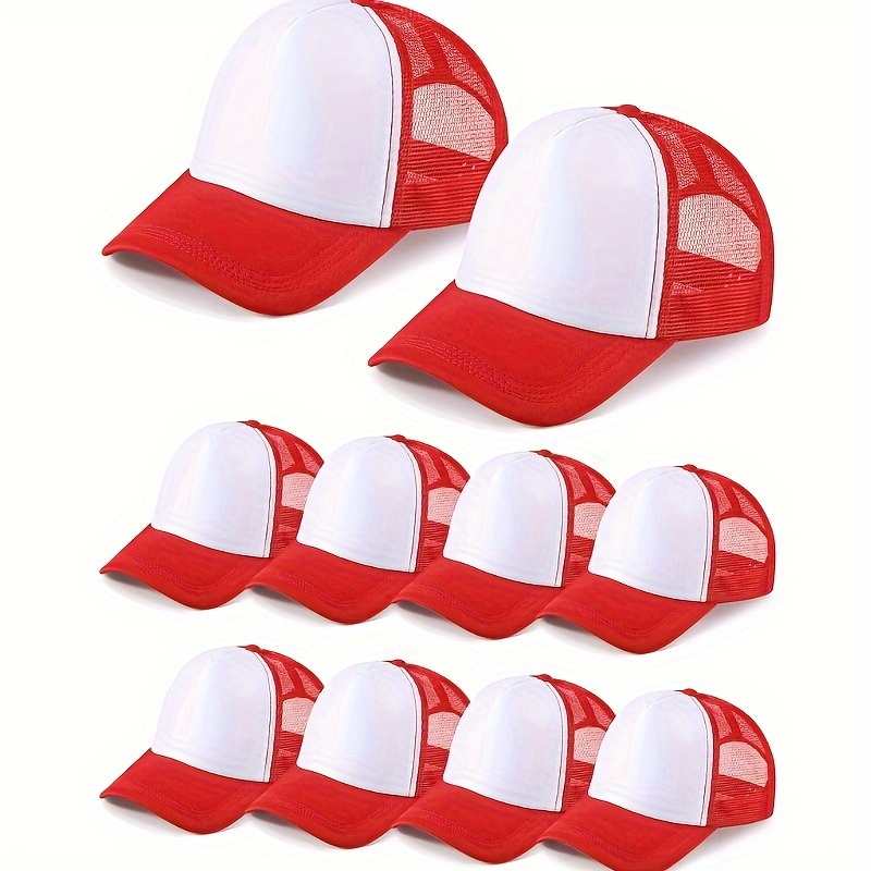 

10 Pcs Sublimation Blank Trucker Hats Bulk Mesh Baseball Cap Polyester Mesh Trucker Hat For Men And Women (red And White)