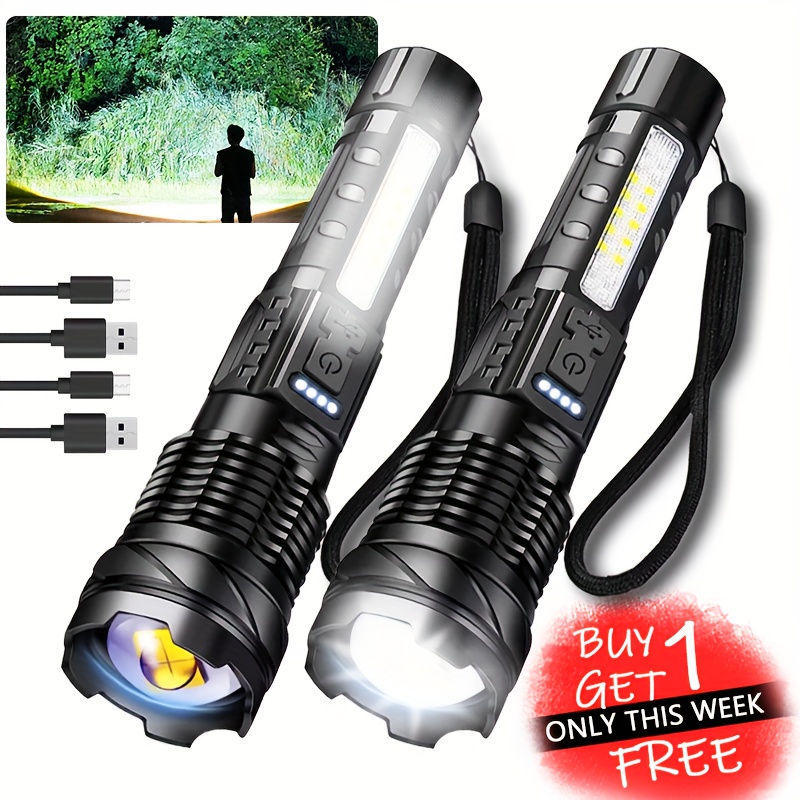 

Buy 1 Get 1 Free Flashlight High Rechargeable Led Tactical Flashlight Battery Powered With 7 Light , Cob Side Light, Usb C, , Powerful Handheld Flash Lights Emergency , Hiking, Camping, And