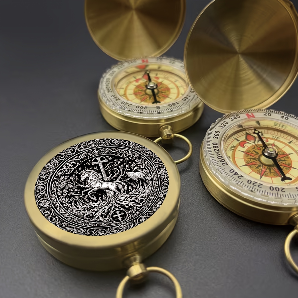 Gothic Unicorn Design Copper Compass Keychain for Outdoor Navigation