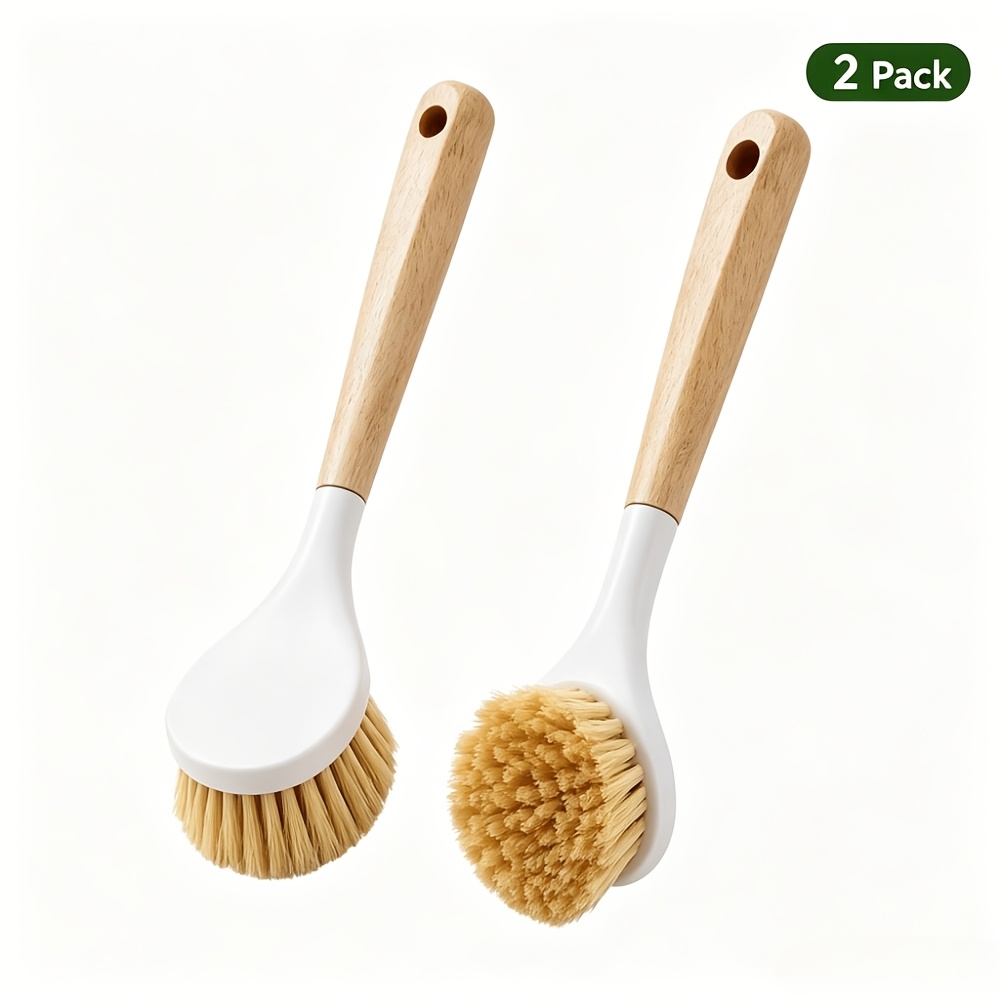 TEMU Lot de 2 brosses à vaisselle avec manche, brosses à récurer rondes en naturelles, durables, -taches, -graisse collante, pour la vaisselle, les