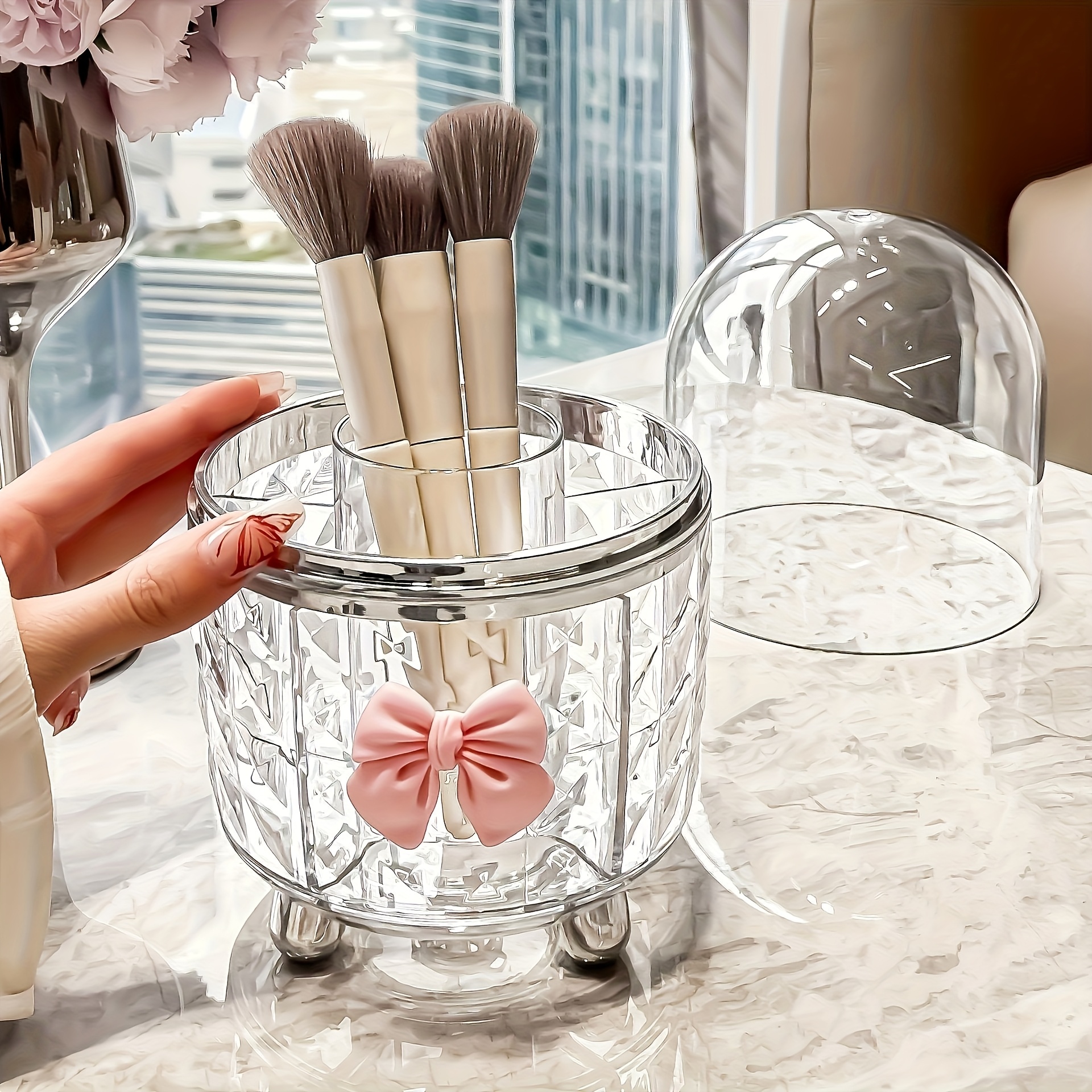 360 degree rotating makeup organizer with clear lid bathroom vanity organizer space saving countertop storage for makeup brushes lipstick eyeliner no power needed durable plastic construction   home or decorative bow accent sturdy brush holder beauty enthusiasts Product details 4