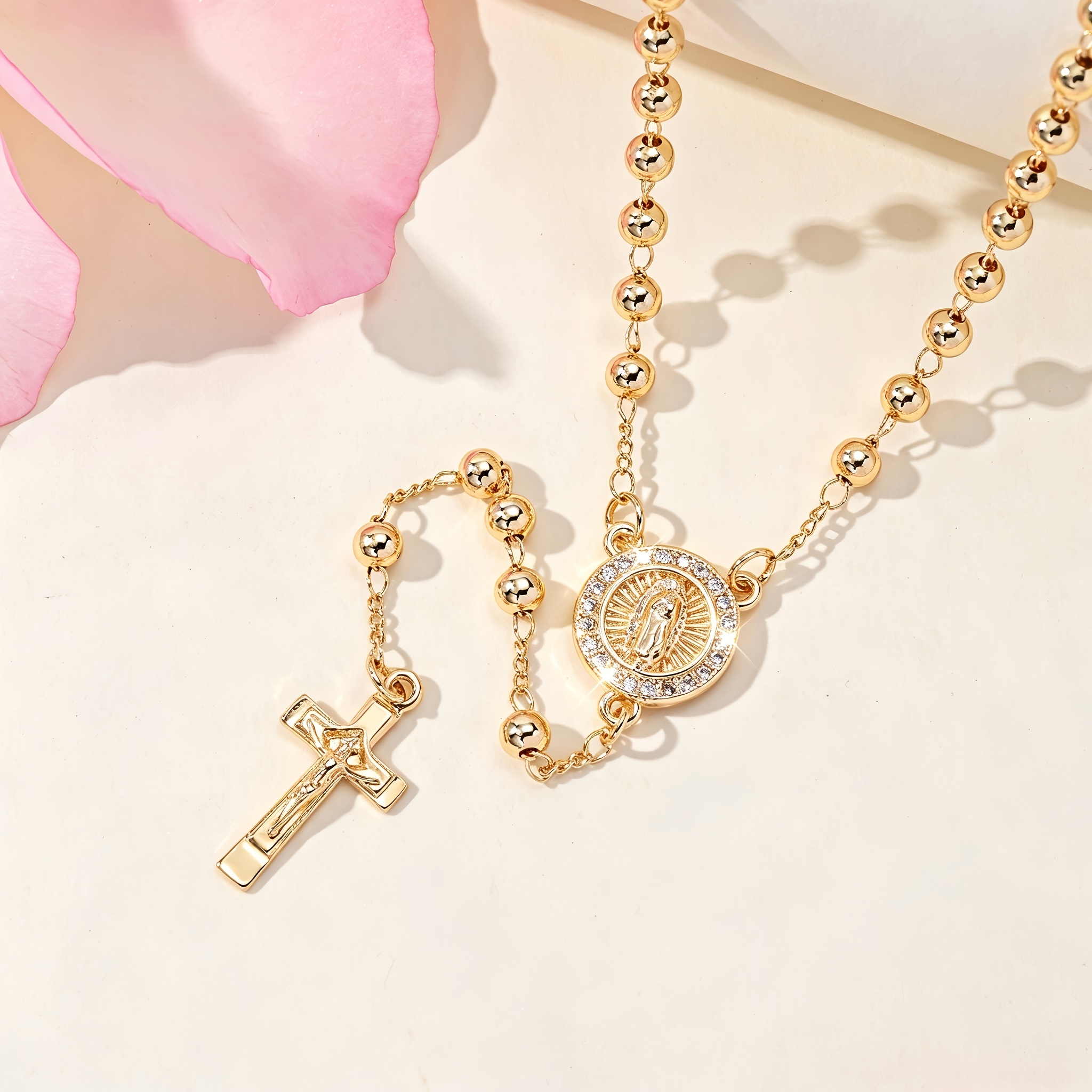 Image of 1pc Elegant Golden Necklace For Women, Zirconia Mary, Jesus Cross Pendant, Baptism Rosary, Church , Spiritual Additions, Easter Gift For Mom