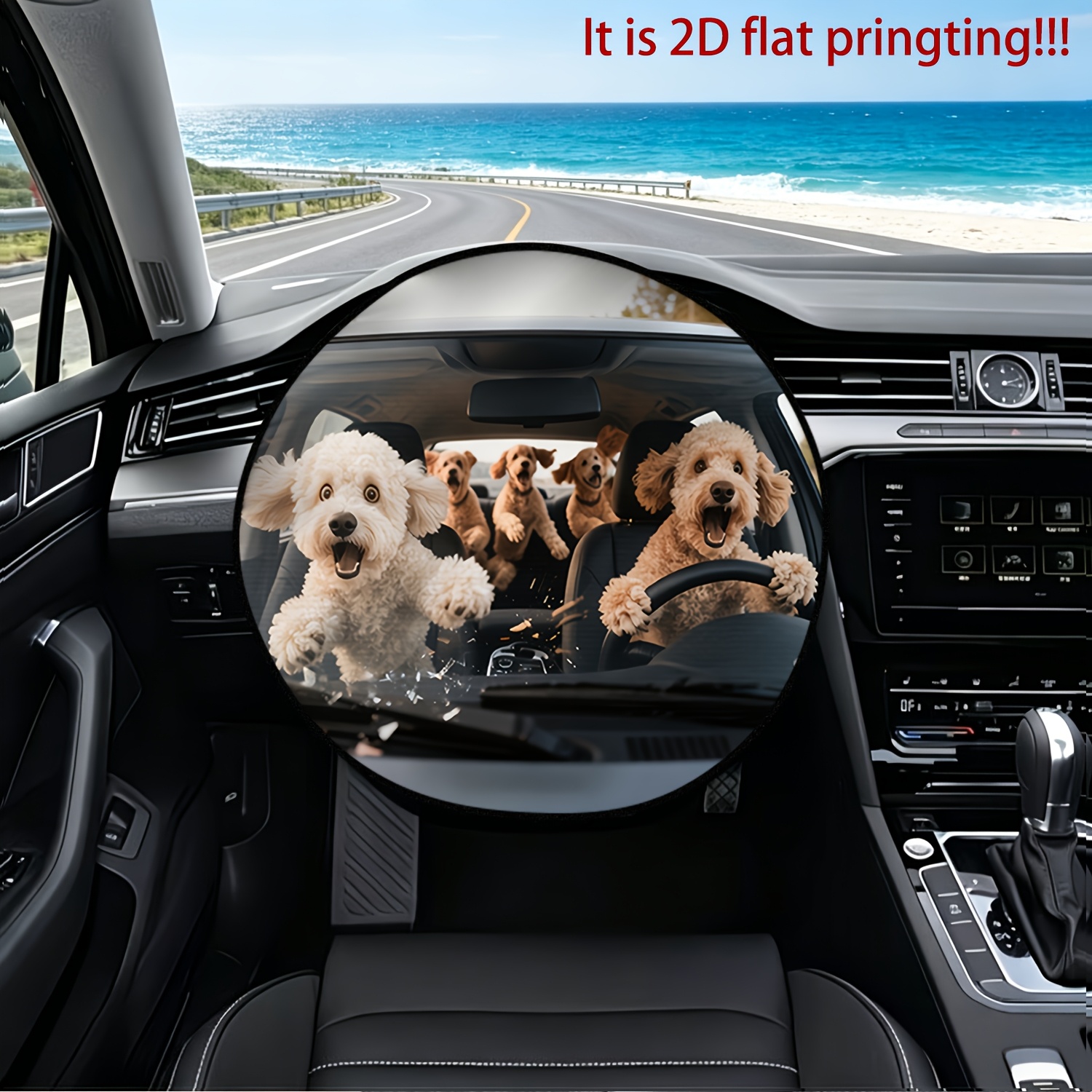 TEMU 1pc Cute Poodle Driving A Car And Breaking Out Of A Window Printed Car Steering Wheel Cover - Heat Insulation, Sun Protection, High-temperature