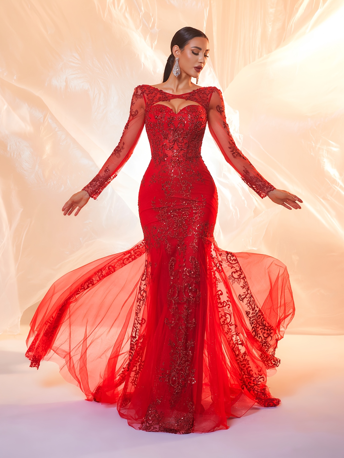 red formal dress with train Red Detachable Train Prom Dresses Lace Formal Dresses ARD2138 main image 1
