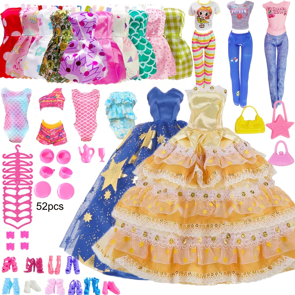Image of 52pcs 11.5 Inch Fashion Doll Clothes And Additions Set - Includes Leopard Print Coat, Princess Dresses, Fashion Slip Dress, Outfits, Bikini | For Girls, Kids And Toddlers | Gifts No Dolls