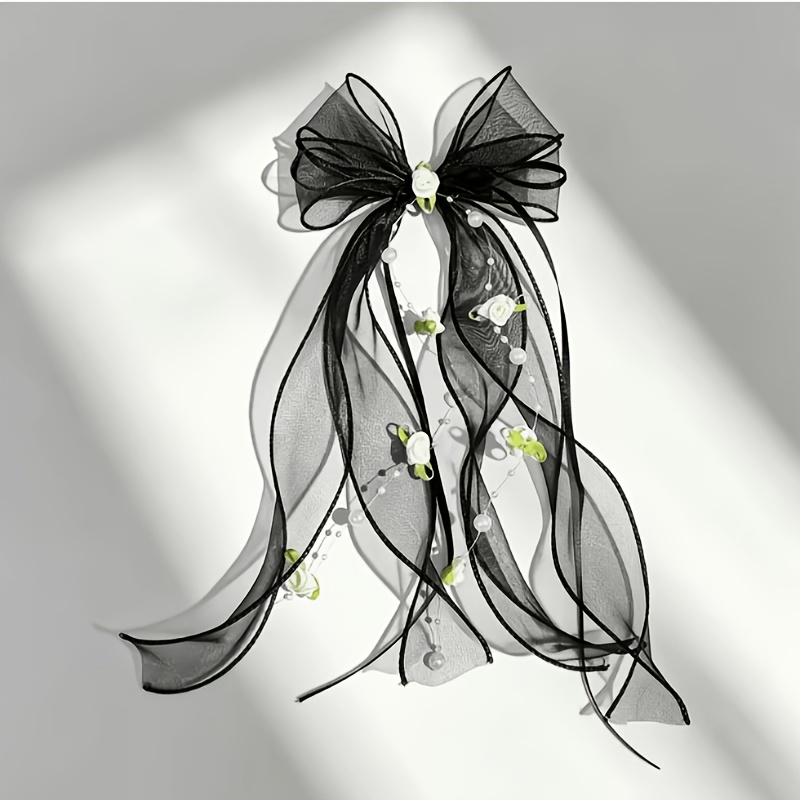 TEMU 1pc Vintage Elegant Floral Pearl Tassel Ribbon Bow Hair Clip, Lightweight Mesh Tassel Non-damaging Duckbill Clip, Suitable For Daily Party