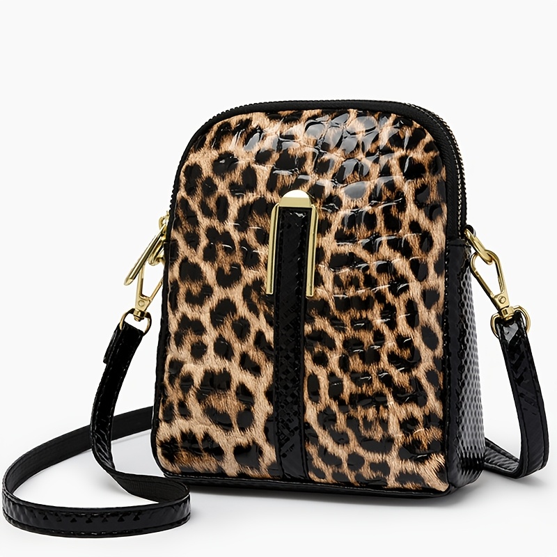 Image of [mini] Women's Fashion Retro Leopard Print Crossbody Bag, Glossy Double-compartment Adjustable Removable Shoulder Strap Small Square Bag, Daily Small Shoulder Bag, Small Phone Pouch