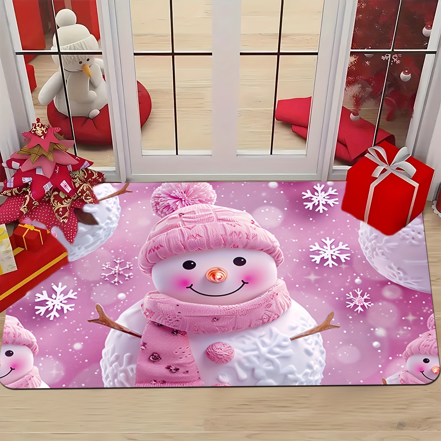 

Merry Christmas Pink Snowman Door Mat - Non-slip, Machine Washable, Fade-resistant Rug For Living Room, Bedroom, Bathroom, Kitchen & More - Decor Gift, Christmas Decor, Thanksgiving