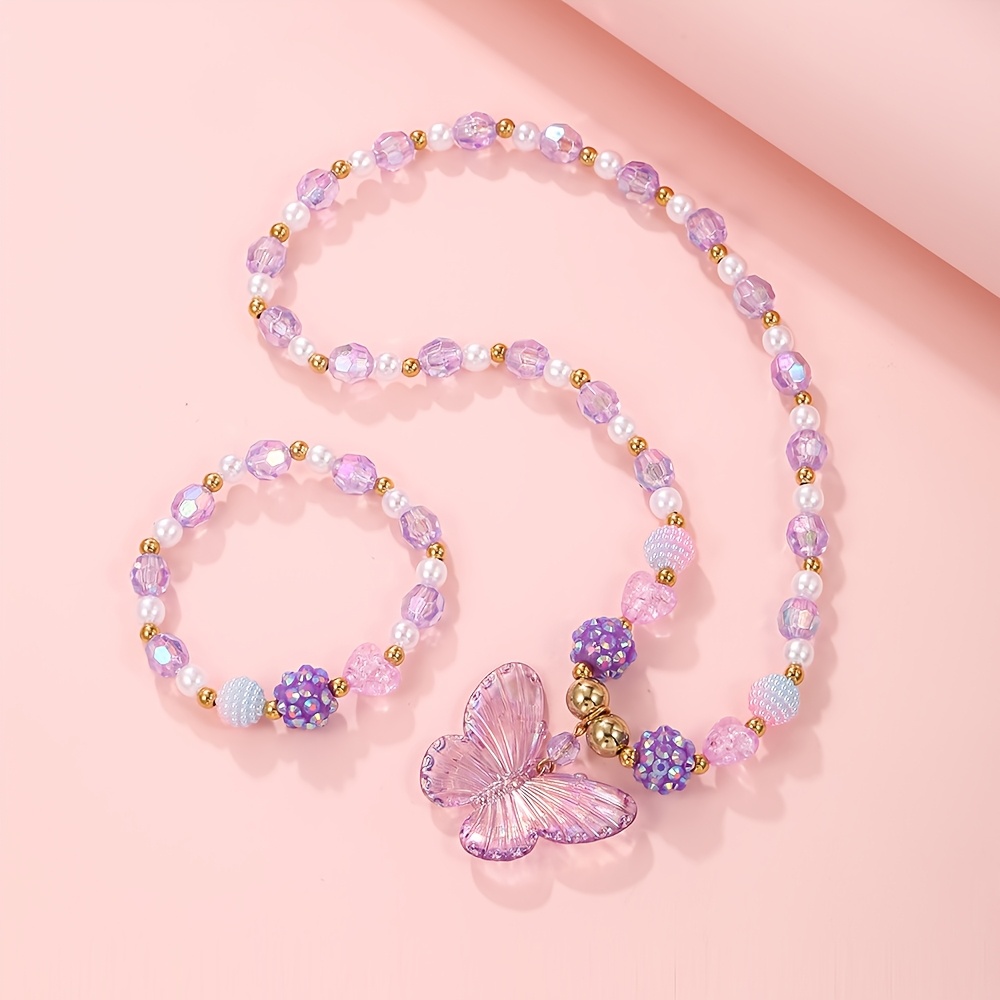 TEMU 2pcs Pendant Acrylic Fake Handmade Beaded Elastic Bracelet Necklace Set For / For - /birthday/party Gift For Teen Girls - Creative, Trendy,