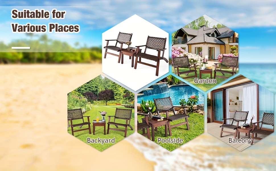 3pcs Outdoor Patio Rattan Furniture Set Solid Wood Frame Chair Coffee Table