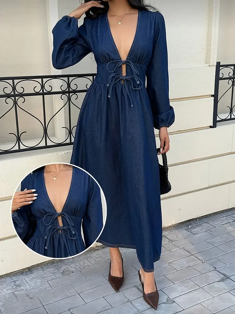 midi denim dresses for older ladies with sleeves womens dark blue midi denim dress elastic fabric deep v neck