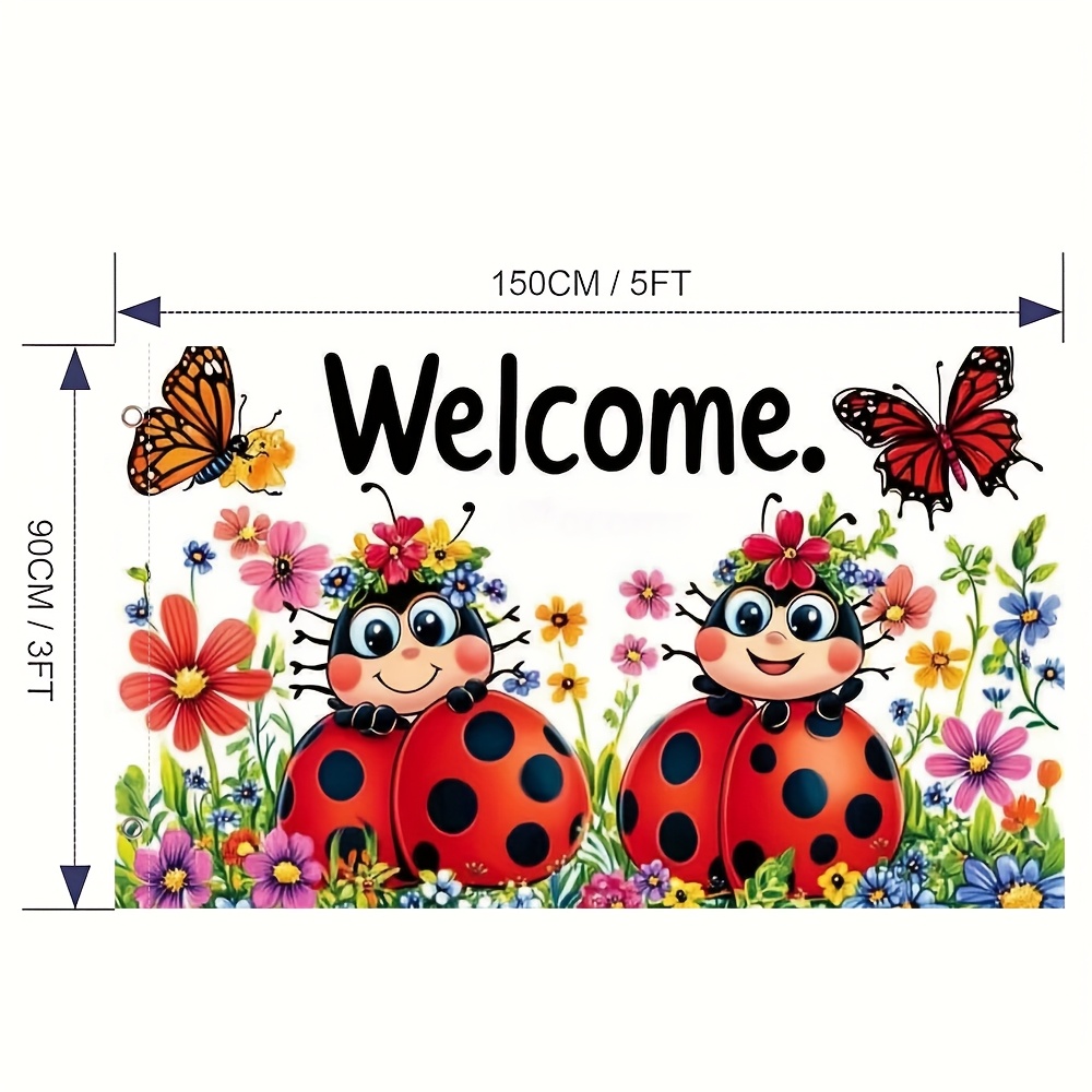 TEMU 1pc Whimsical Ladybug & Banner - Vibrant , Cartoon Ladybugs With Colorful Flowers & Butterflies, Perfect For Outdoor Decor, Porch Accents, And