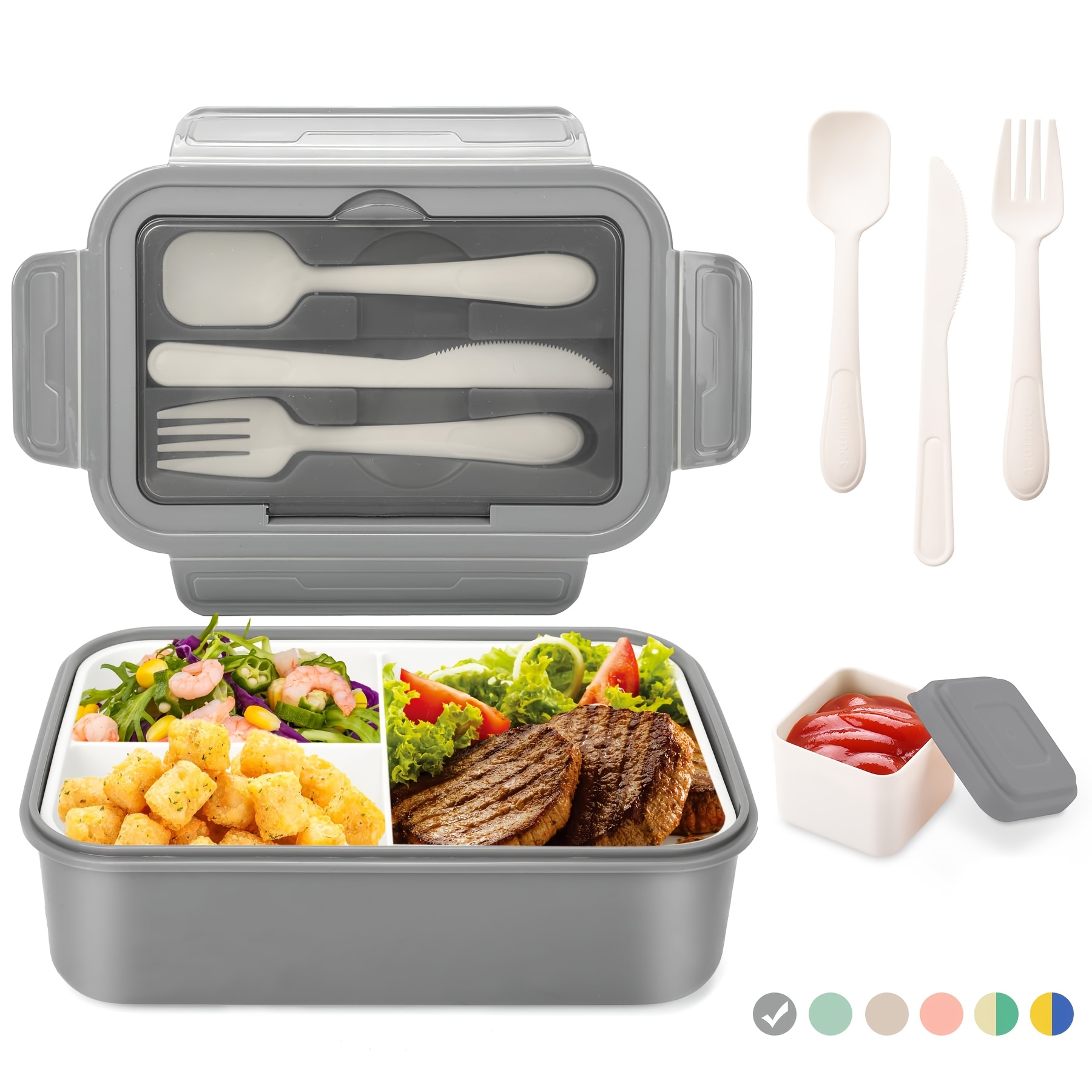 Image of 1400ml Bento Box, Adult Size, Three-compartment Design, Includes Cutlery, Microwave Safe, Dishwasher Safe, Suitable For Work, Picnics And Travel.