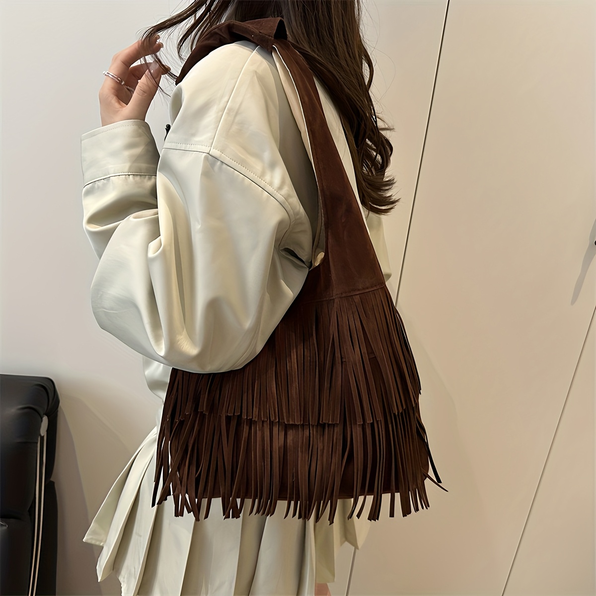バッグ vintage suede fringe design bag vintage suede fringe design handbag womens shoulder underarm
