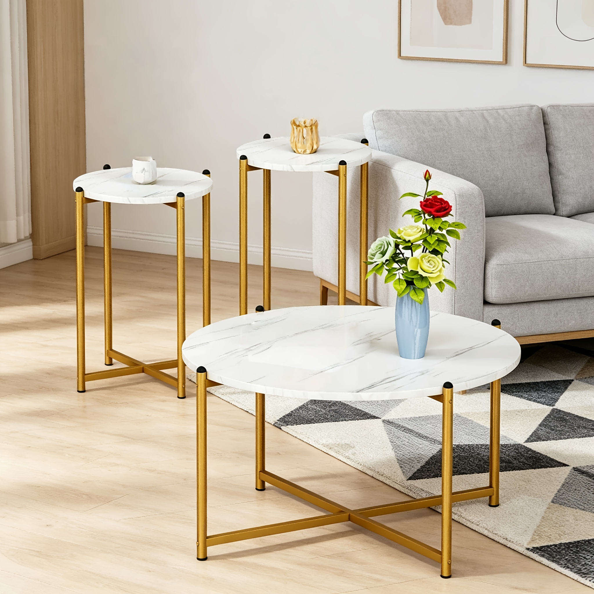 Nesting Coffee Table Set of 3, Round Side Tables with Cross Metal Frame, Modern Stacking End Tables for Living Room, Bedroom, Small Space