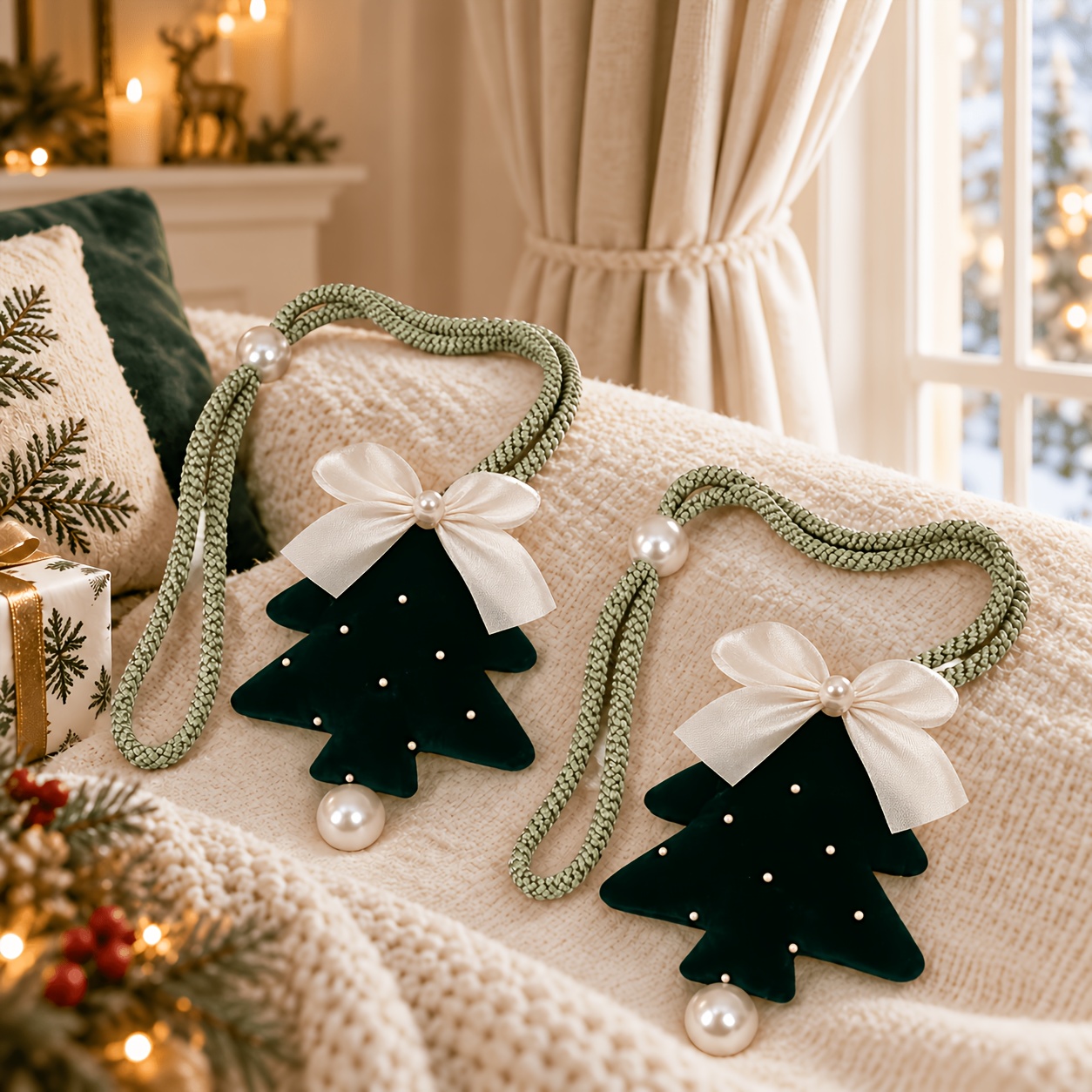 TEMU 2pcs Christmas Tree Curtain Tiebacks, Green Braided Rope Curtain Holdbacks, Pearl Bow Decorative Curtain Ties, Festive Home Window Decor,