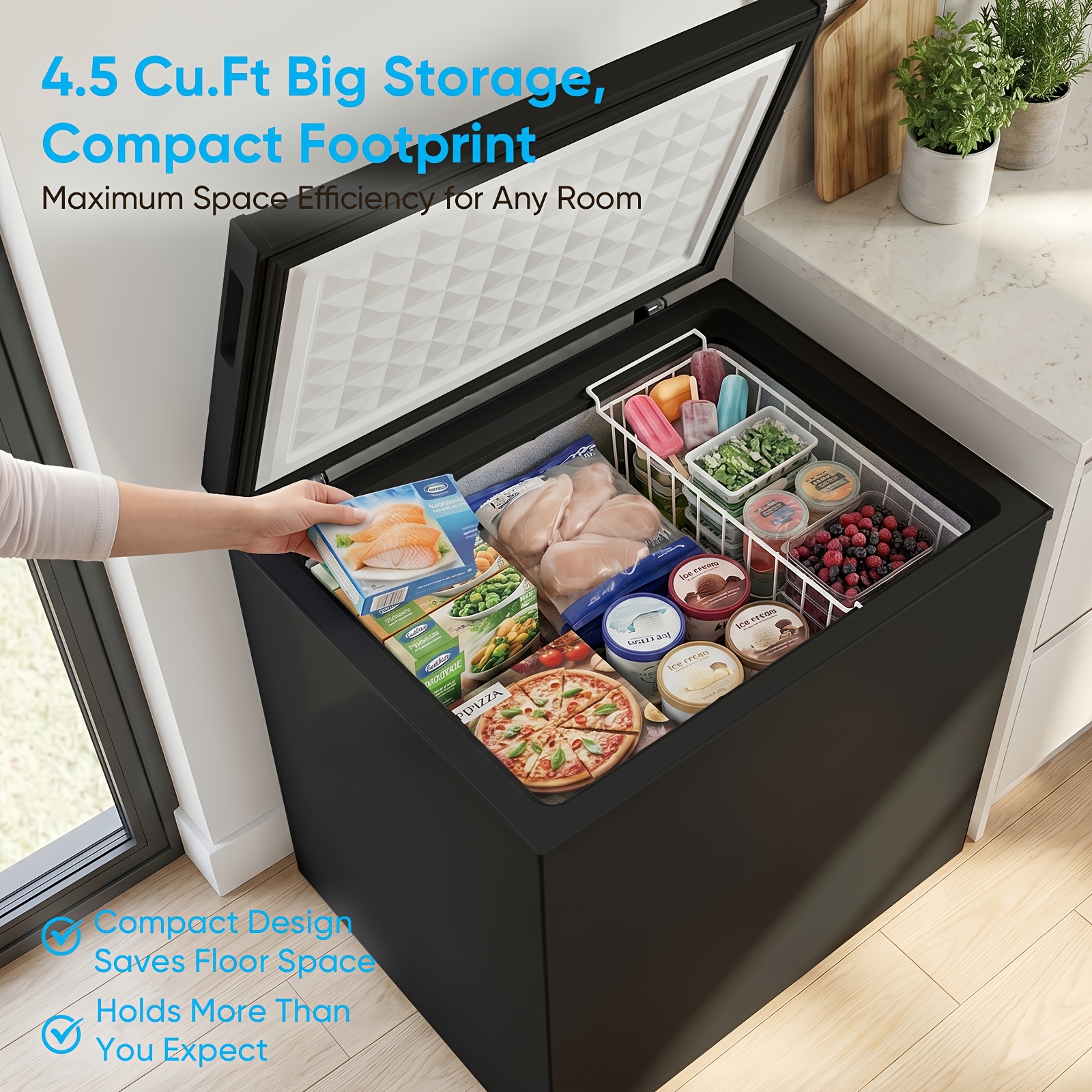 4.5 Cu.Ft Compact Chest Freezer & Refrigerator Combo Suitable for Home, RV, Garage, Apartment - Dual Use Deep Freezer with 7-Temperature Zones, Low Noise Energy-Saving Semiconductor Cooling System, Removable Basket, Plug-and-Play