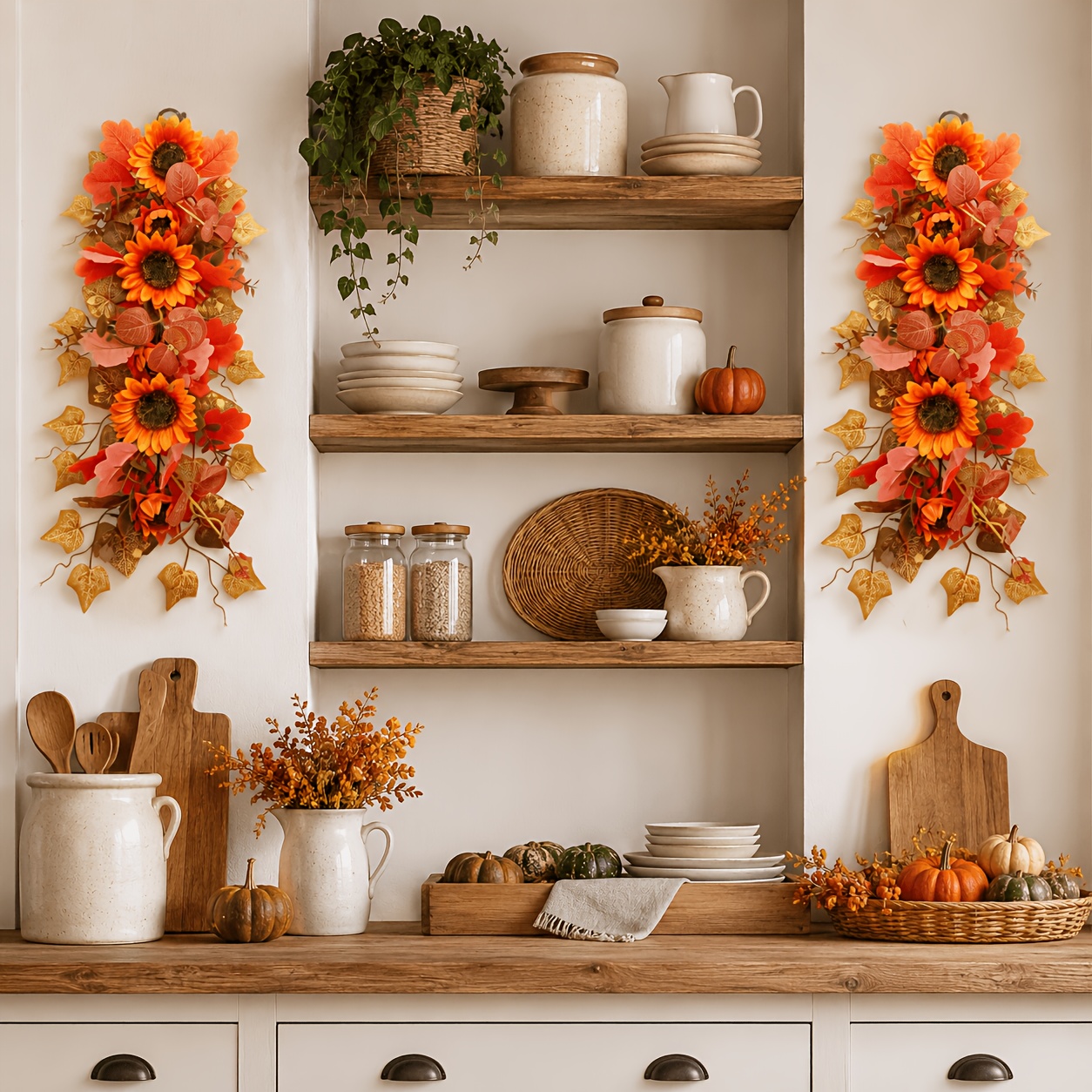 TEMU 2pcs Autumn Sunflower + Maple Leaf Hanging Ornaments - Fade-resistant Artificial Autumn Leaf Hanging Decor, Realistic Sunflower Vine Hanging