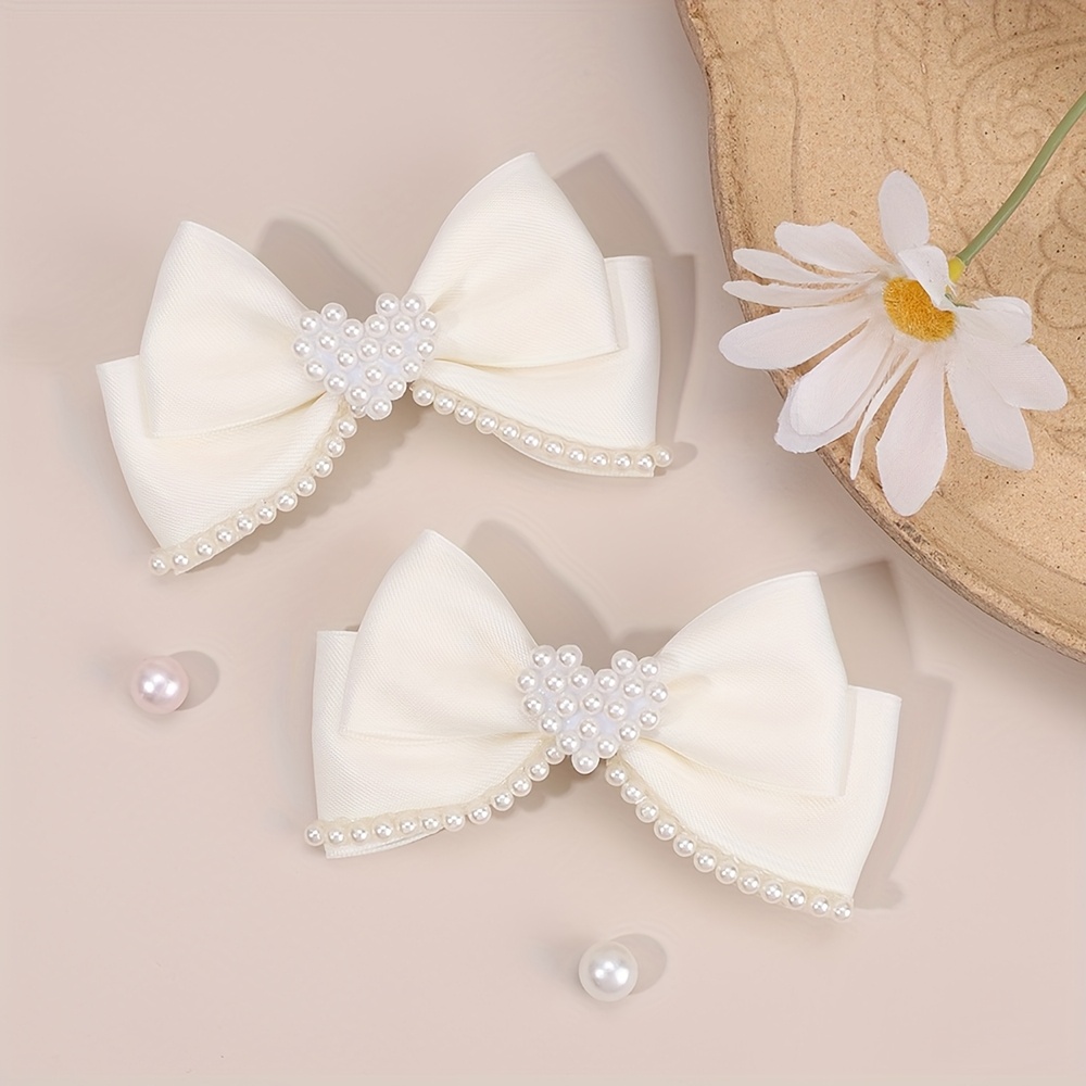 Image of 2pcs Elegant White Bow Hair Clips For Id Al-adjha Mini Heart Decor Bow Hair Barrettes Alligator Clips Hair Bow Additions For Summer, Party