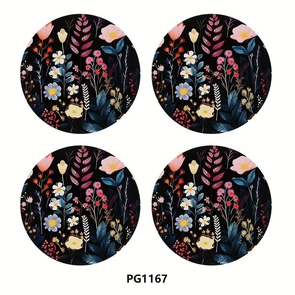 TEMU 4pcs Flowers And Plants, Pu Leather Car Coasters, 2.75in Women's And Men' Interior Accessories, Car Water Cup Mat Decorations, Birthday Gifts For Relatives , Party Gifts, Flower Coasters