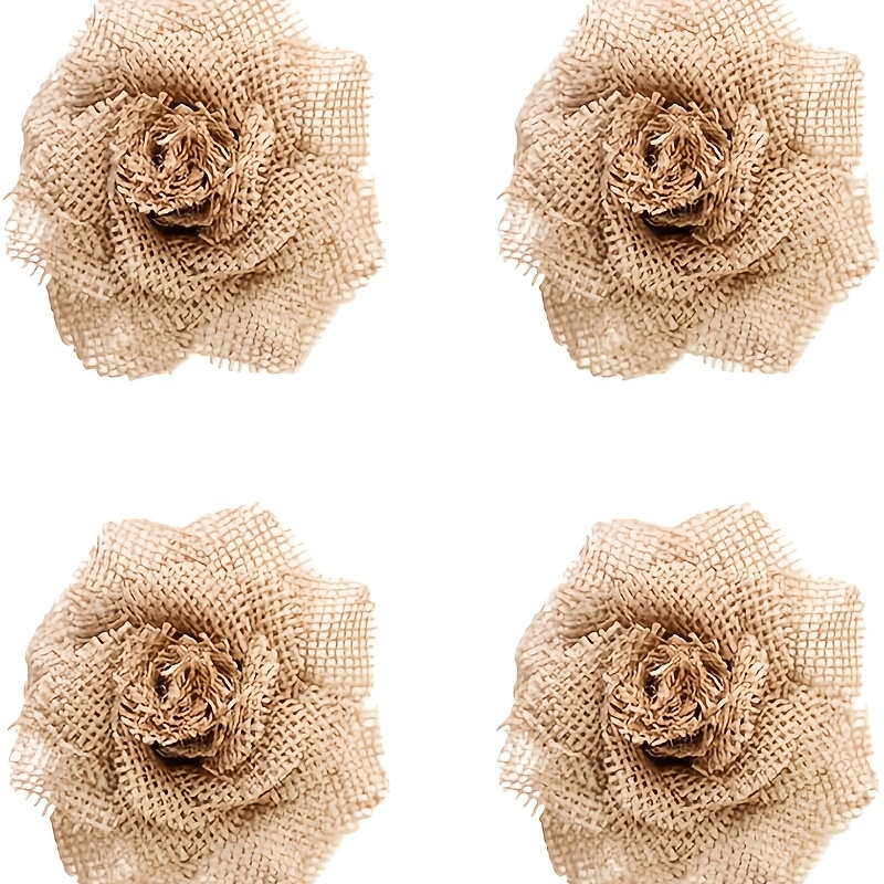 TEMU 4pcs Handmade Burlap Flowers 4 Inch Rustic Style For Wedding Christmas Party Decorations And Crafts Light Brown Natural Jute Faux Flowers