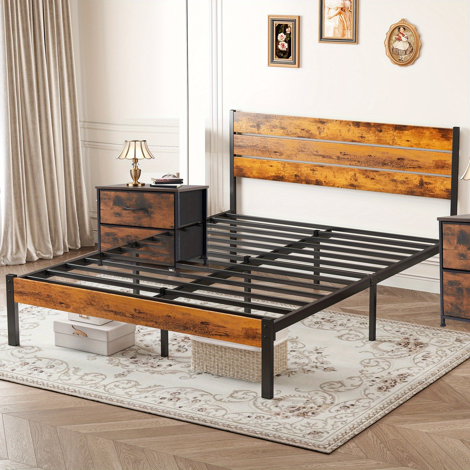 metal frame bed frame with headboard   spring features sturdy wood slats to support 800 lbs     separately or with a 2pcs bedside organizer fabric drawer with 2 storage unit compartments suitable for bedroom living room