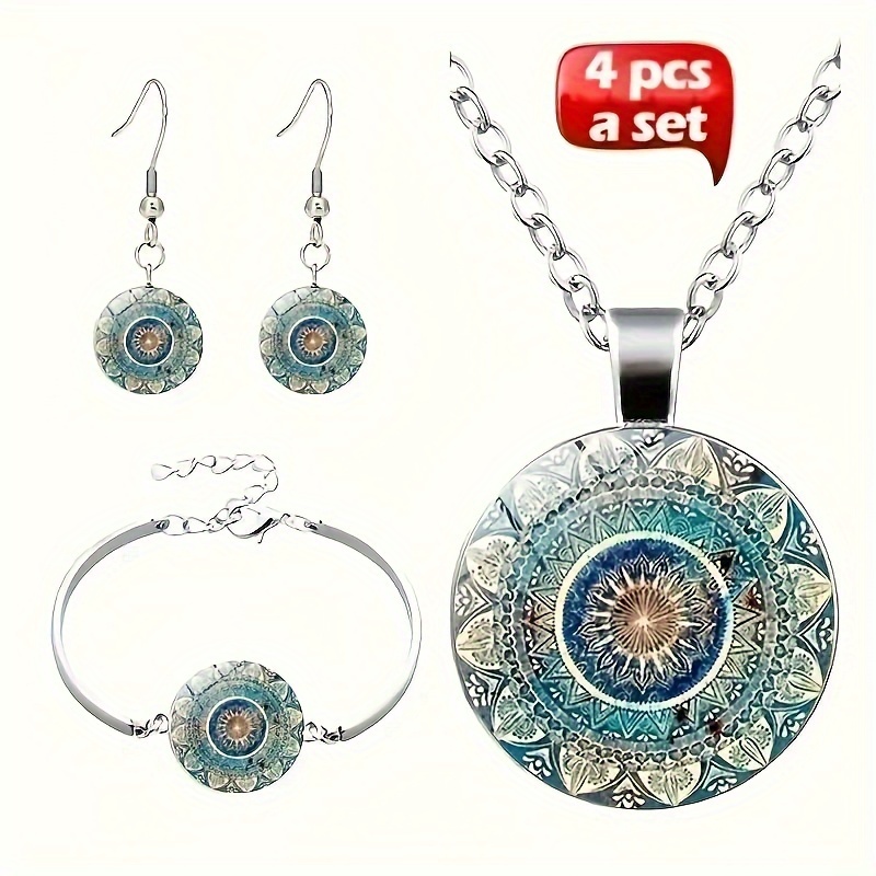 

4pcs Set Mandala Flower Time Gemstone Necklace & Bracelet & Earrings Jewelry Set, Vintage Decorations Creative Glass Pendant For Men And Women