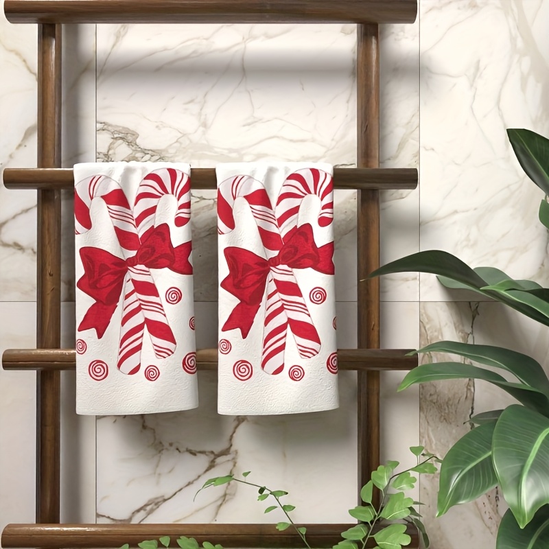 TEMU 2pcs Modern Candy Cane Bath & Kitchen Towels - -soft Rectangular Polyester Suitable, Bath, Dining Table - Holiday & Decorative Towel Set