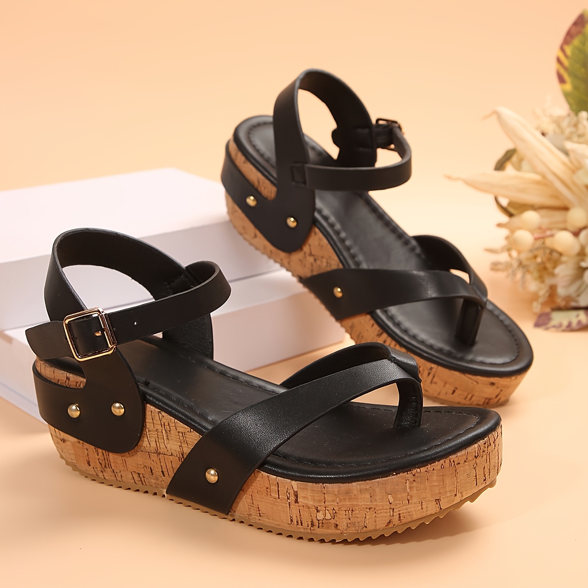 2026 Summer New Black T-Strap Platform Wedge Sandals Cork Sole Comfortable Height-Increasing Flip-Flops, Women Shoes