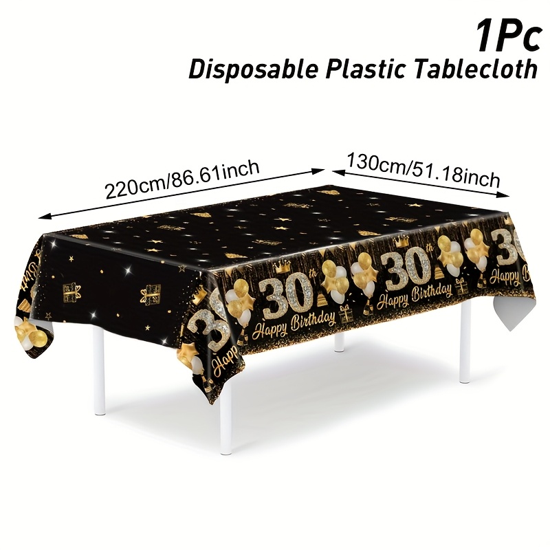 TEMU 1pc Nappe Noire Dorée pour 30e Anniversaire avec Ballons Diamantés et Accents Pailletés - Couverture de Table en Plastique Jetable 86.6"x51.1"