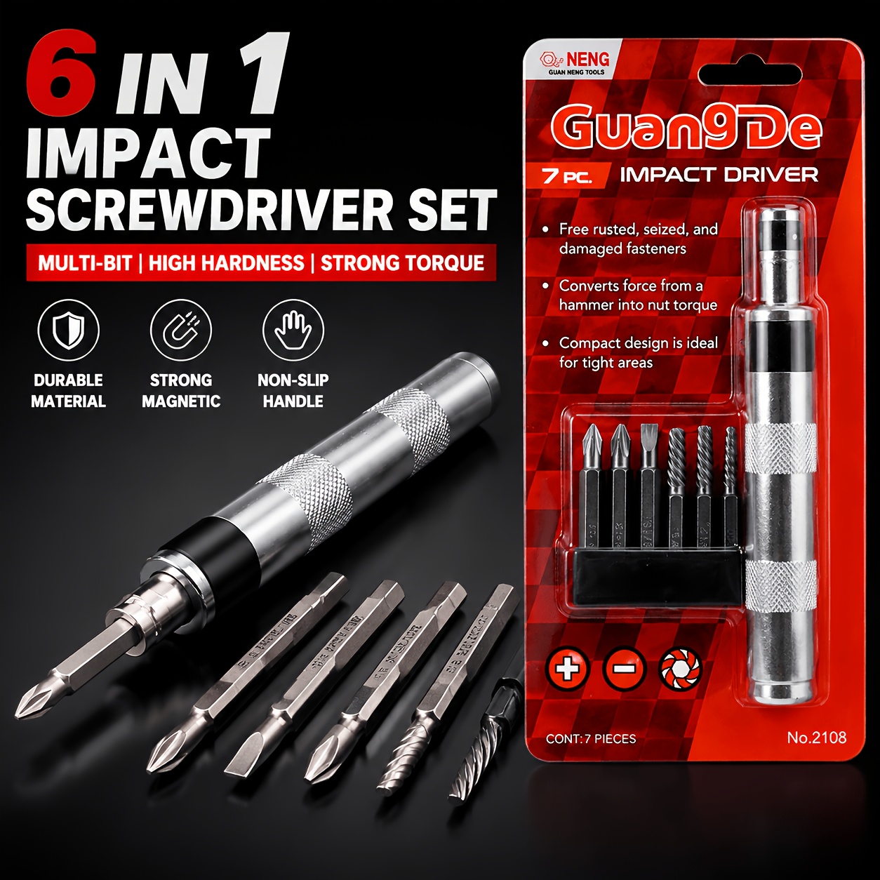 TEMU Kit de tournevis à percussion 6-en-1, 7 pièces au total | Jeu de mèches multifonctionnel électrique/manuel à double usage | Manche en métal