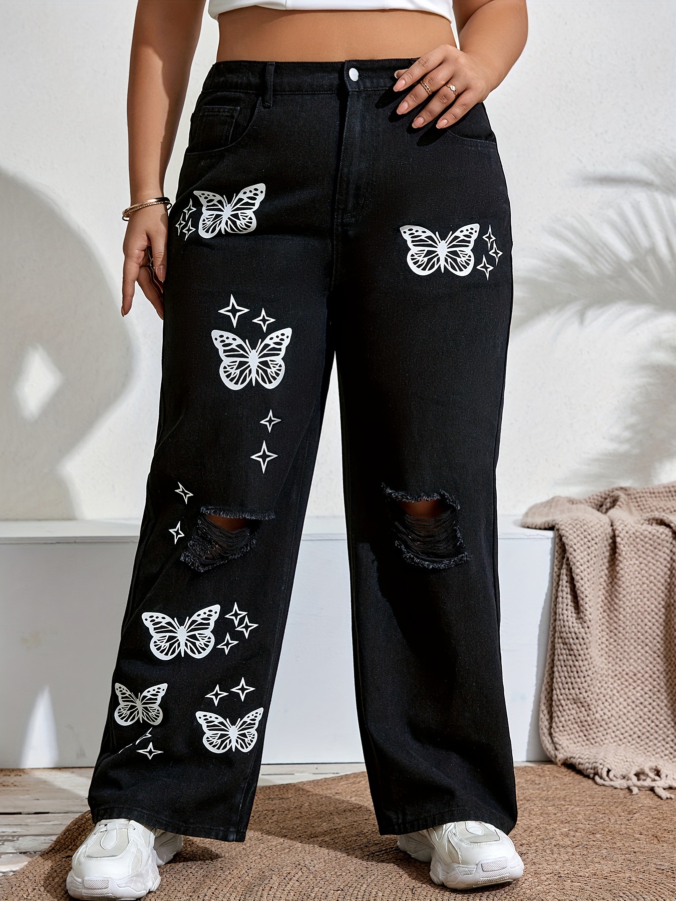 Pantalones deportivos con estampado de mariposa de dos tonos, SHEIN