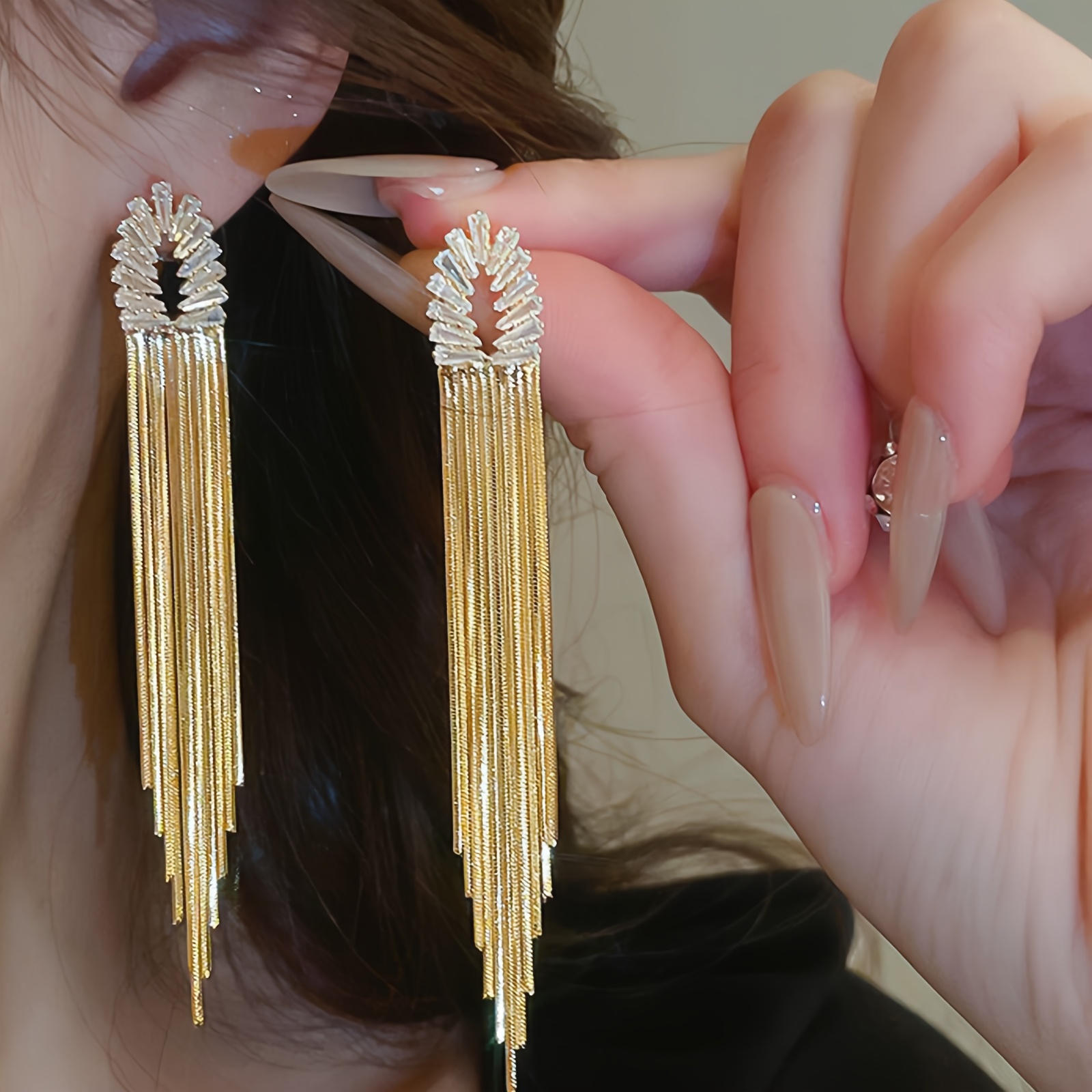 TEMU 1 Pair Of Plated Long Tassel Earrings Suitable For Bridal Parties, Mardi Gras, Weddings & Casual Attire - Luxurious Elegant Dangle Earrings For,