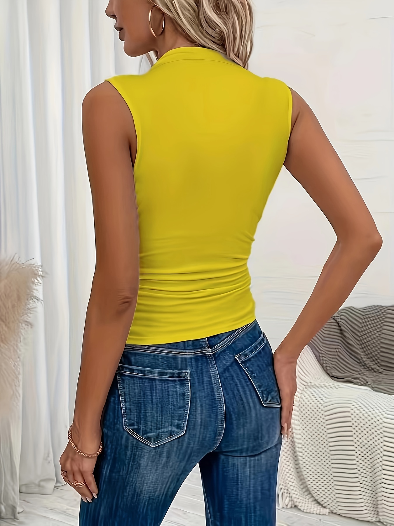 Women'S Elegant Sleeveless Vest - Vibrant Red with Ribbed Cuffs & Waist Detail, Stretchy Polyester Blend for Spring/Summer, Machine Washable, Casual Chic Style