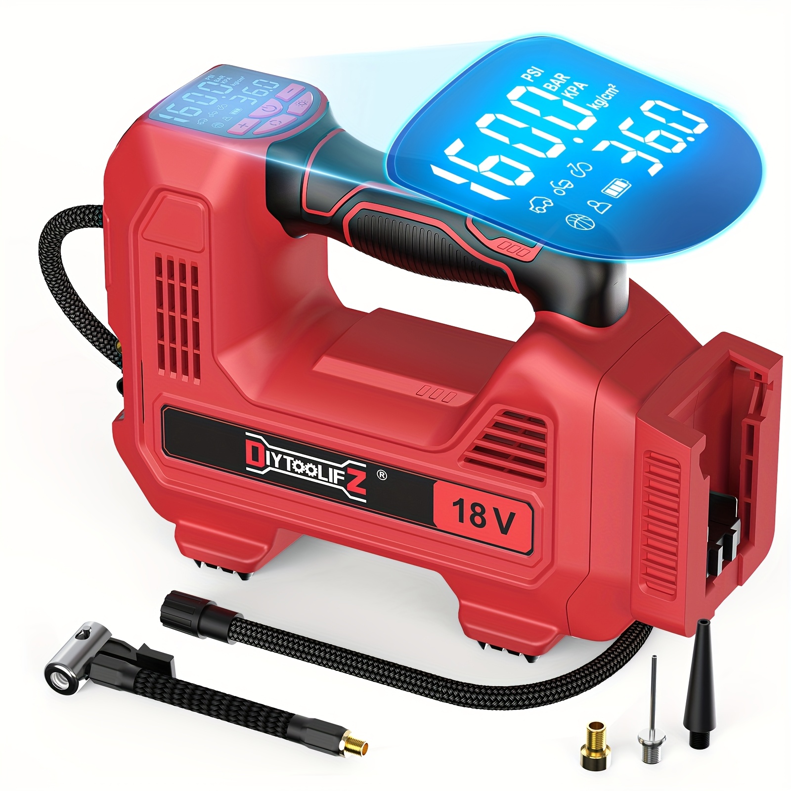 TEMU Diytoolifz Cordless Tire Inflator Air Compressor, Compatible With 18v Batteries, 160psi Portable Led Light Handheld Air Pump With Digital