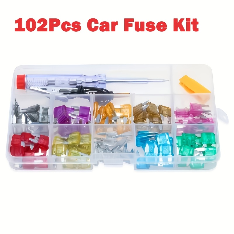 TEMU 102 Pezzi Kit Mini Fusibili per Auto - Fusibili a Lama per Auto//Camion/Moto (2Amp 3A 5A 7.5A 10A 15A 20A 25A 30A 35A 40A) con Tester