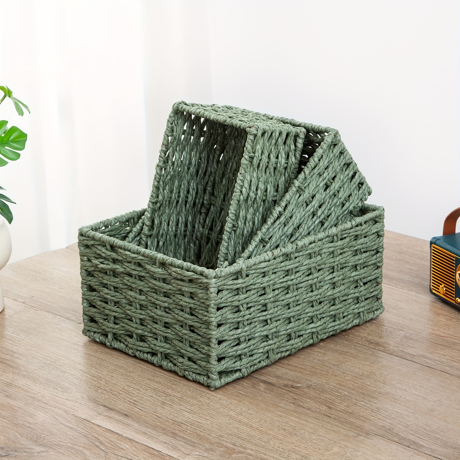 Image of A Set Of 3 Woven Storage Baskets For Home Use, Paper Rope, Unlined, Suitable For Storing On The Desktop, In The Wardrobe, Living Room, Or Bedroom, Shelf Baskets