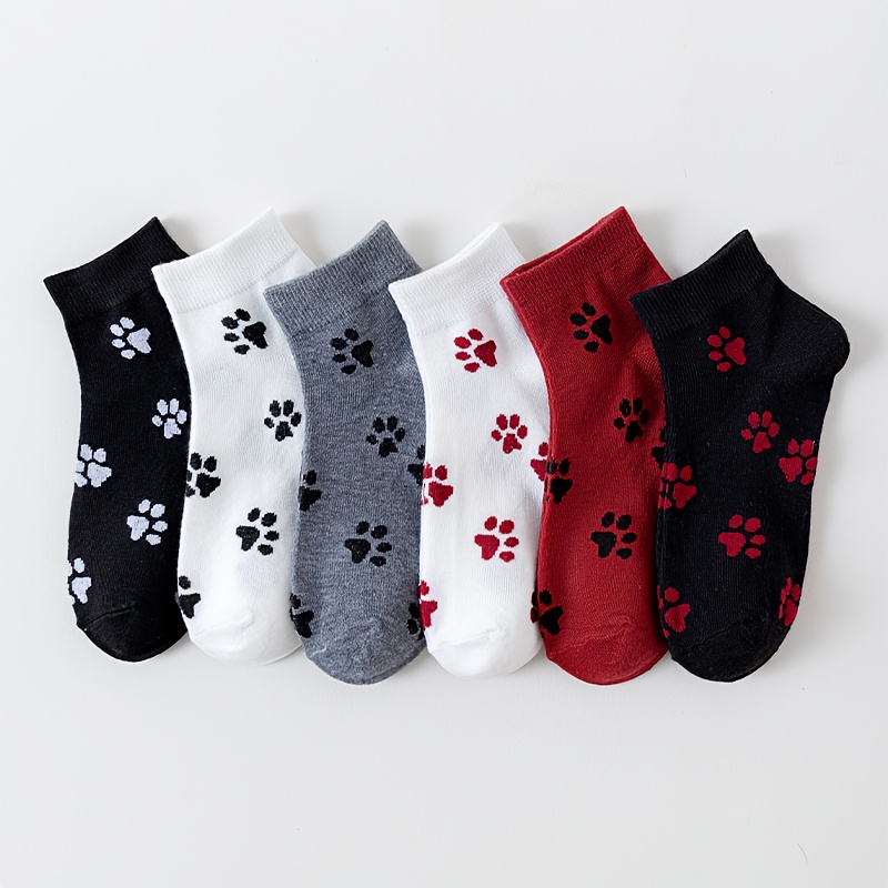 E-shop 6 Paar Damensocken für Frühling und Sommer, mit dünnen Cartoon-Hundepfotenabdrücken, Unifarben, trendig und vielseitig, für einen niedlichen,