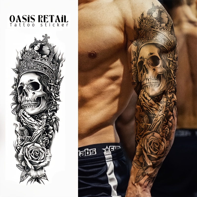 1 Large Gothic Waterproof Temporary Tattoo Sticker, Extra-Large Crown Skull Peony Design in Black Ink Art – Perfect for Arms, Legs, Back & Body, Halloween, Goth Events & Parties – Intricate Detailing, Easy Application, Safe Removal, Non-Toxic Ink, Lasts 3-7 Days