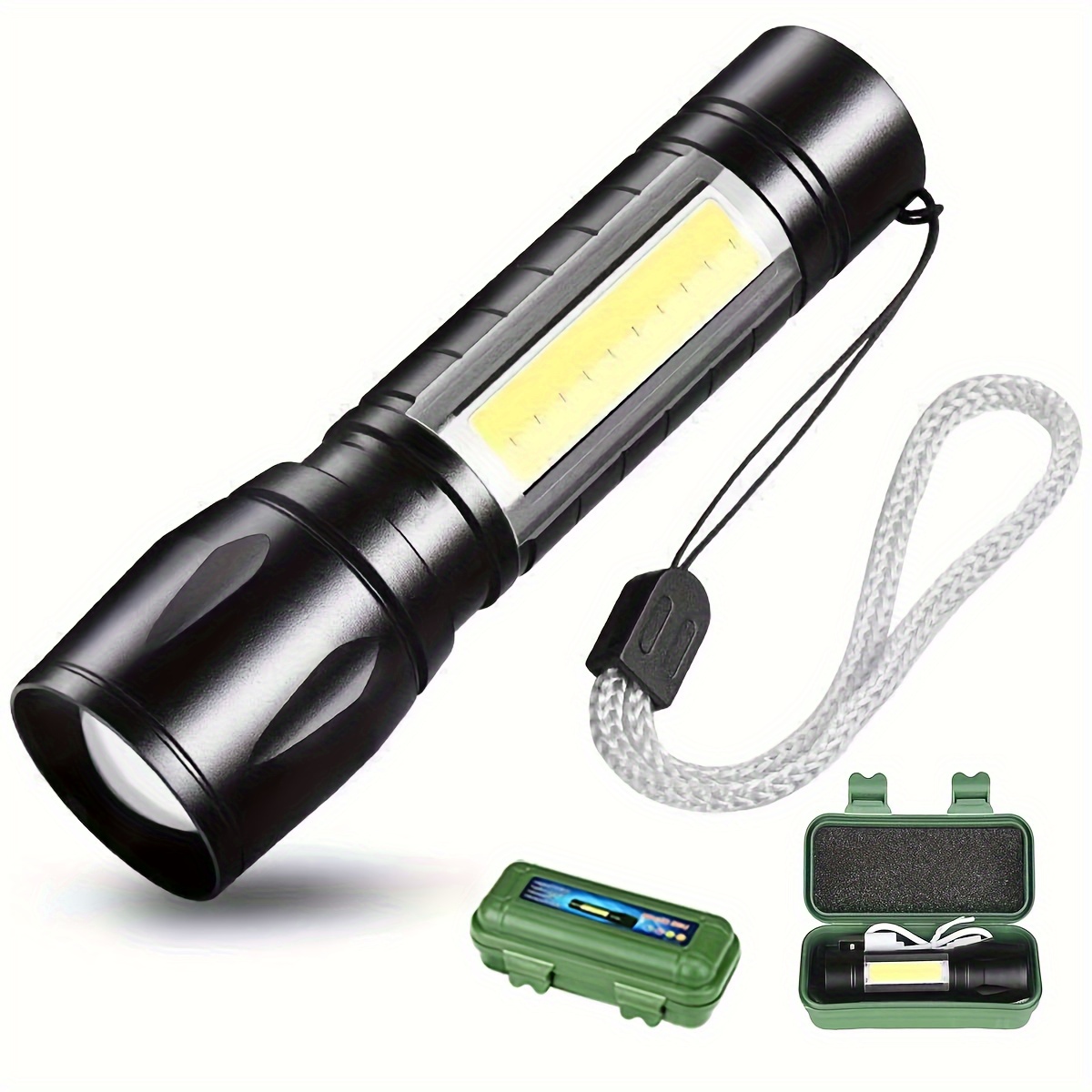 

Mini Led Flashlight With Cob Side Light - Portable, Rechargeable Battery-powered, Adjustable , Aluminum Alloy Body For