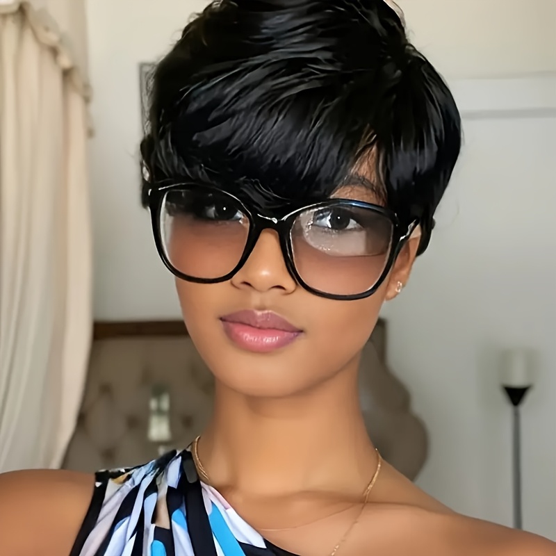 

[1pc Short Straight Bob Human Hair Wig] Women's Short Straight Bob Wig, 180% Density Human Hair, Full Machine Made Cap, , Black