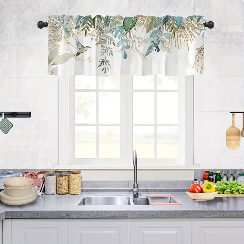 

1pc Velvet Hummingbird & Leaf Print Kitchen Valance - Semi-transparent Rod Pocket Curtain For Living Room, Bedroom, Bathroom, Decor, Contemporary Farmhouse Design, Polyester Blend, , Kitchen Curtains