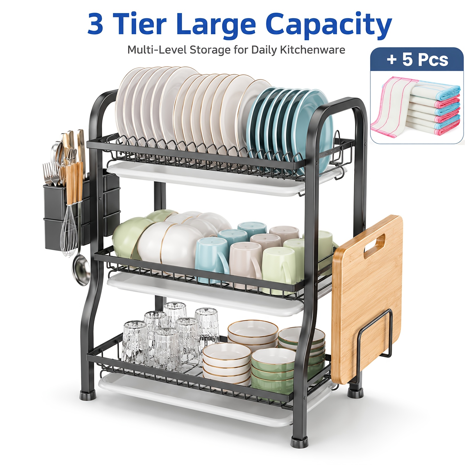 TEMU Dish Rack 3-tier Dish Drainer Rack With Large Over Sink Countertop Dish Drying Rack With Cutlery, Cutting Board Holder Space-saving Kitchen