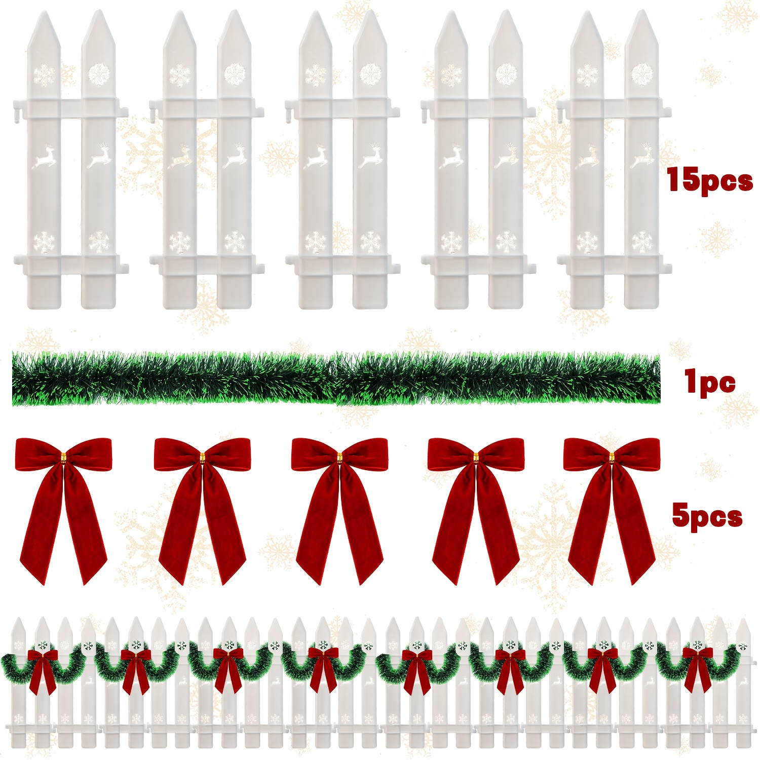 TEMU 【2.5d】 [2.5d] 21pcs Christmas Garden Fence Decor Set, 15pcs White Snowflake Deer Print Mini Fence Panels With 1pc Green Tinsel Garland And 5pcs